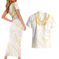 Aloha Lei Onaona Couples Matching Short Sleeve Bodycon Dress and Hawaiian Shirt Beige Hawaiian Tribal Pattern