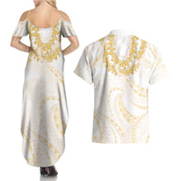 Aloha Lei Onaona Couples Matching Summer Maxi Dress and Hawaiian Shirt Beige Hawaiian Tribal Pattern