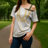 Aloha Lei Onaona Cross Shoulder Shirt Beige Hawaiian Tribal Pattern - Polynesian Pride