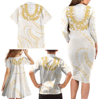 Aloha Lei Onaona Family Matching Long Sleeve Bodycon Dress and Hawaiian Shirt Beige Hawaiian Tribal Pattern