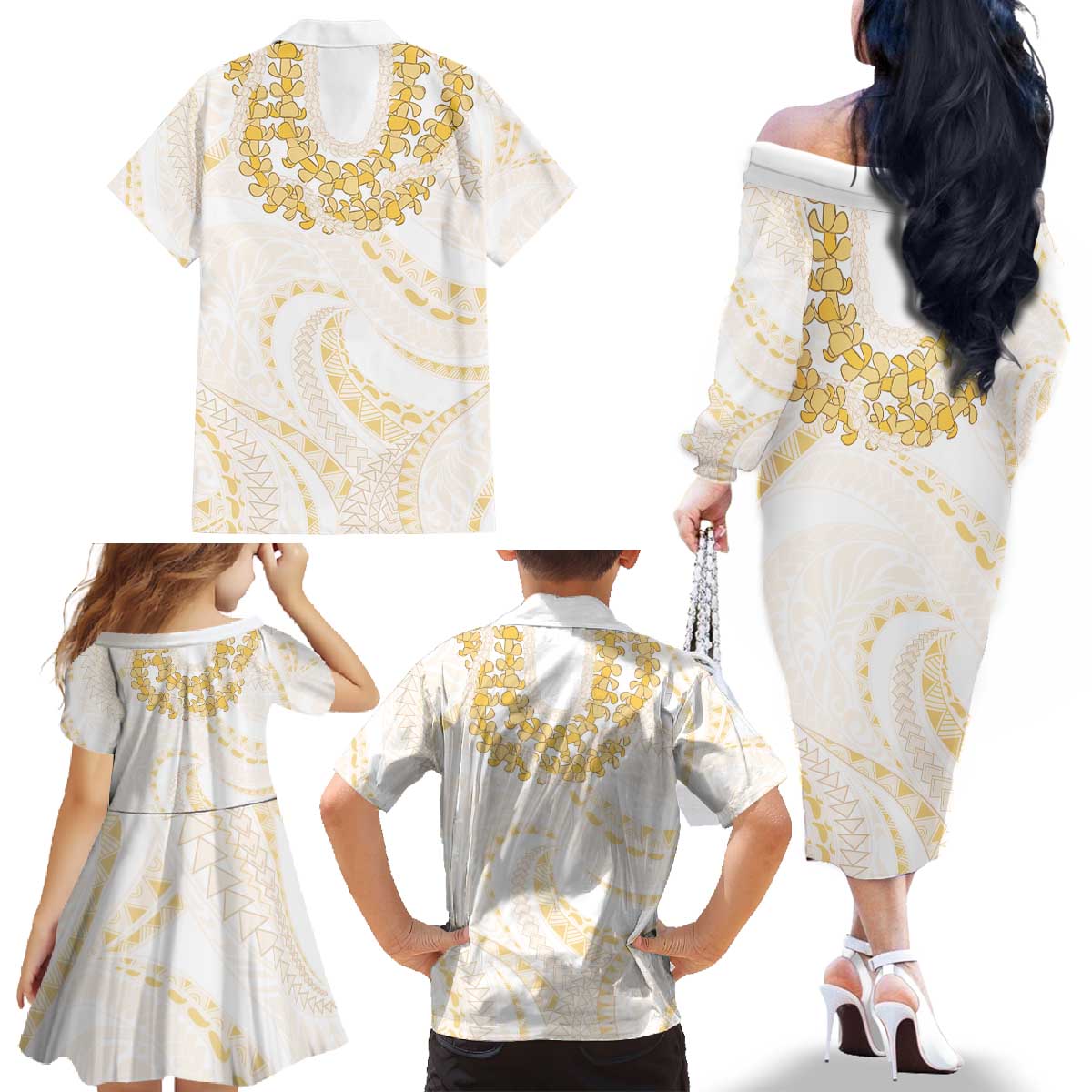 Aloha Lei Onaona Family Matching Off The Shoulder Long Sleeve Dress and Hawaiian Shirt Beige Hawaiian Tribal Pattern