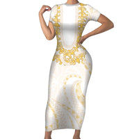 Aloha Lei Onaona Family Matching Short Sleeve Bodycon Dress and Hawaiian Shirt Beige Hawaiian Tribal Pattern
