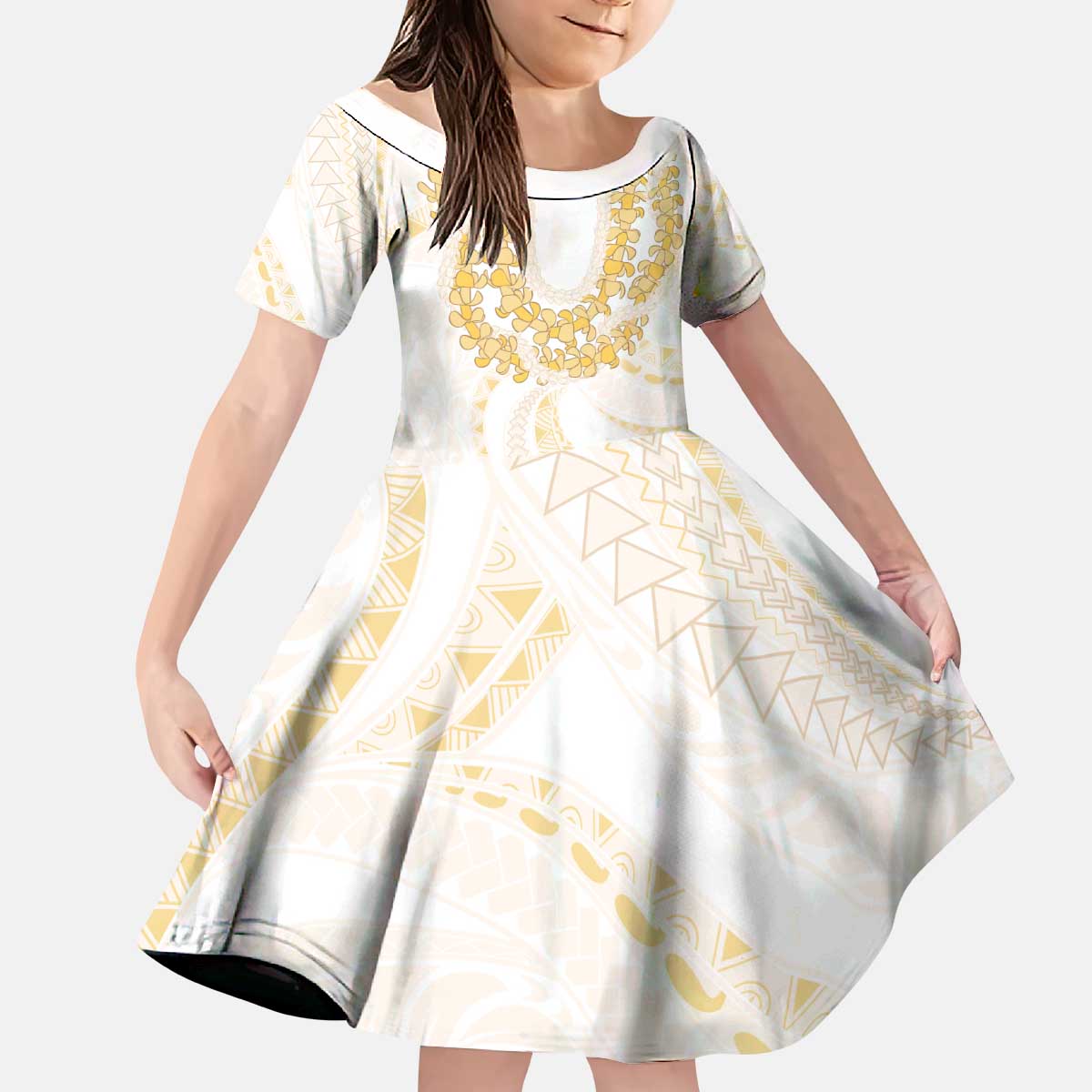 Aloha Lei Onaona Kid Short Sleeve Dress Beige Hawaiian Tribal Pattern