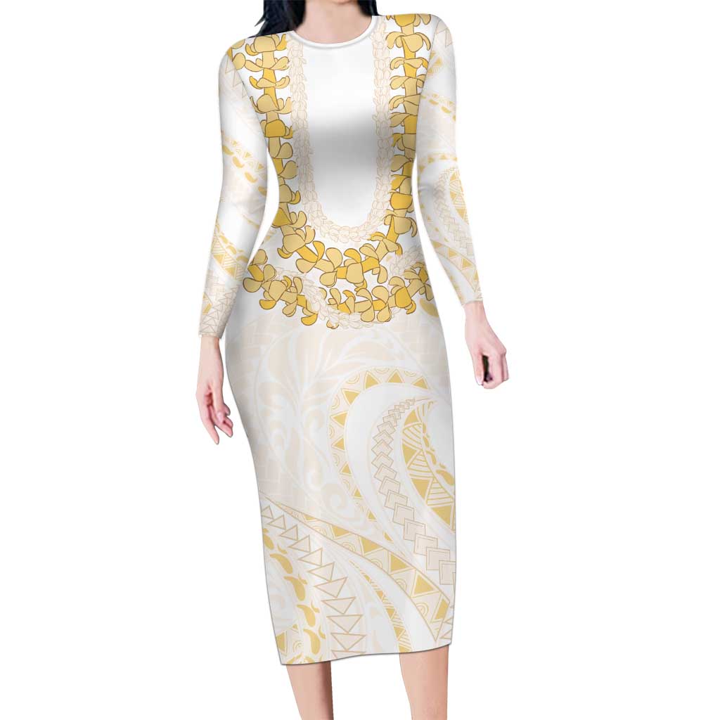 Aloha Lei Onaona Long Sleeve Bodycon Dress Beige Hawaiian Tribal Pattern