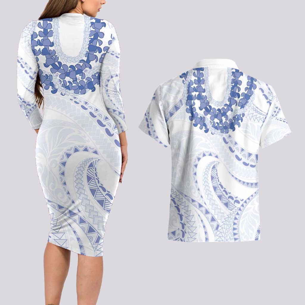 Aloha Lei Onaona Couples Matching Long Sleeve Bodycon Dress and Hawaiian Shirt Navy Blue Hawaiian Tribal Pattern