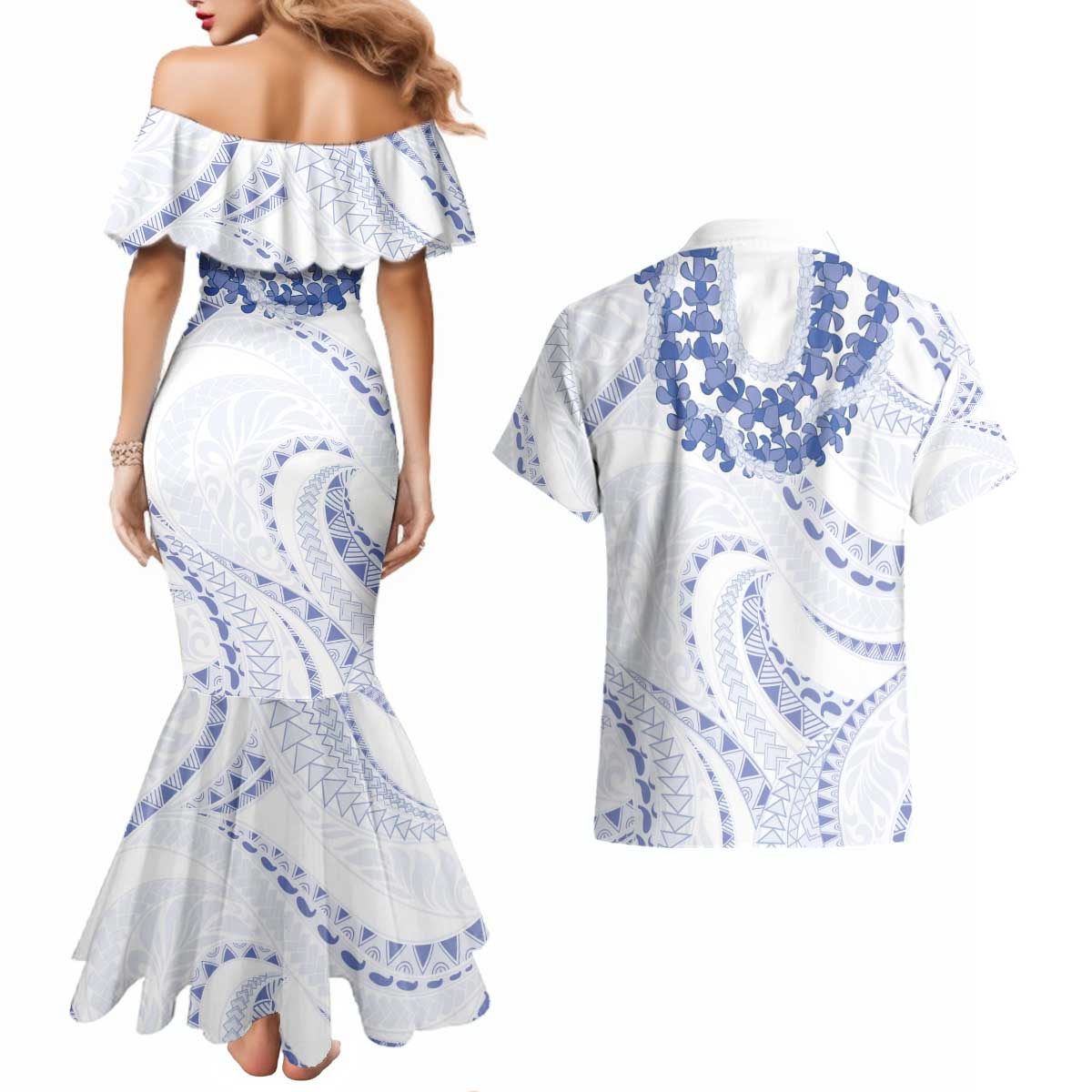 Aloha Lei Onaona Couples Matching Mermaid Dress and Hawaiian Shirt Navy Blue Hawaiian Tribal Pattern