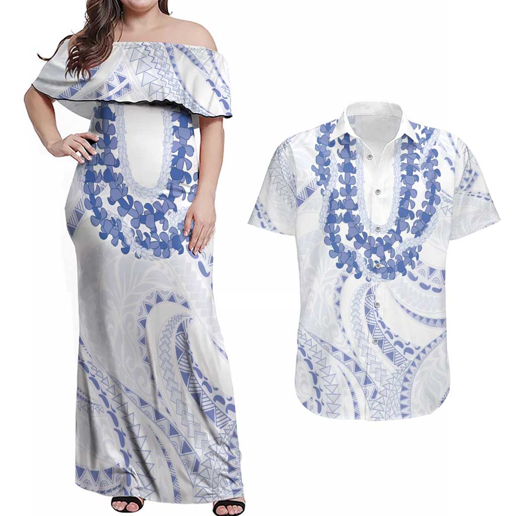 Aloha Lei Onaona Couples Matching Off Shoulder Maxi Dress and Hawaiian Shirt Navy Blue Hawaiian Tribal Pattern