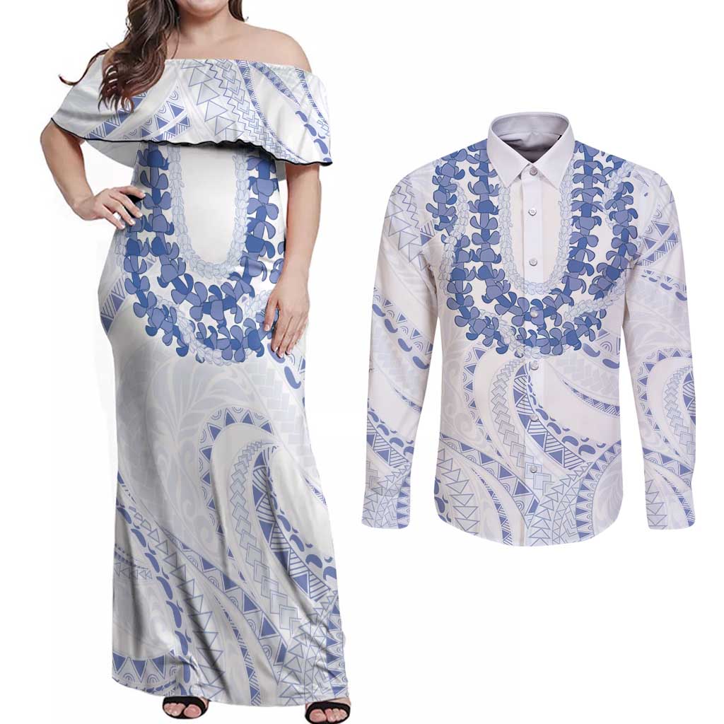Aloha Lei Onaona Couples Matching Off Shoulder Maxi Dress and Long Sleeve Button Shirt Navy Blue Hawaiian Tribal Pattern