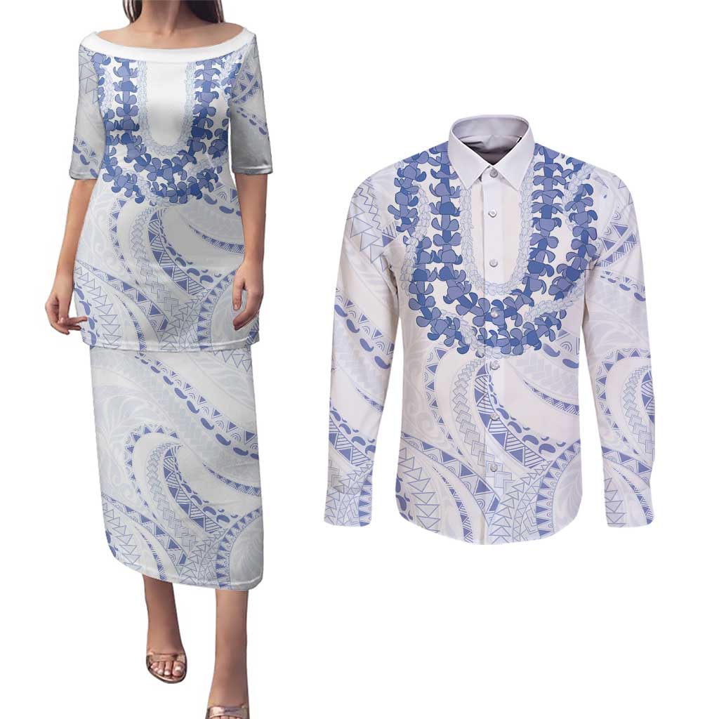 Aloha Lei Onaona Couples Matching Puletasi and Long Sleeve Button Shirt Navy Blue Hawaiian Tribal Pattern