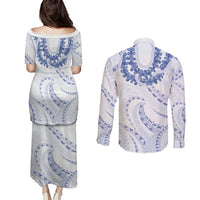 Aloha Lei Onaona Couples Matching Puletasi and Long Sleeve Button Shirt Navy Blue Hawaiian Tribal Pattern