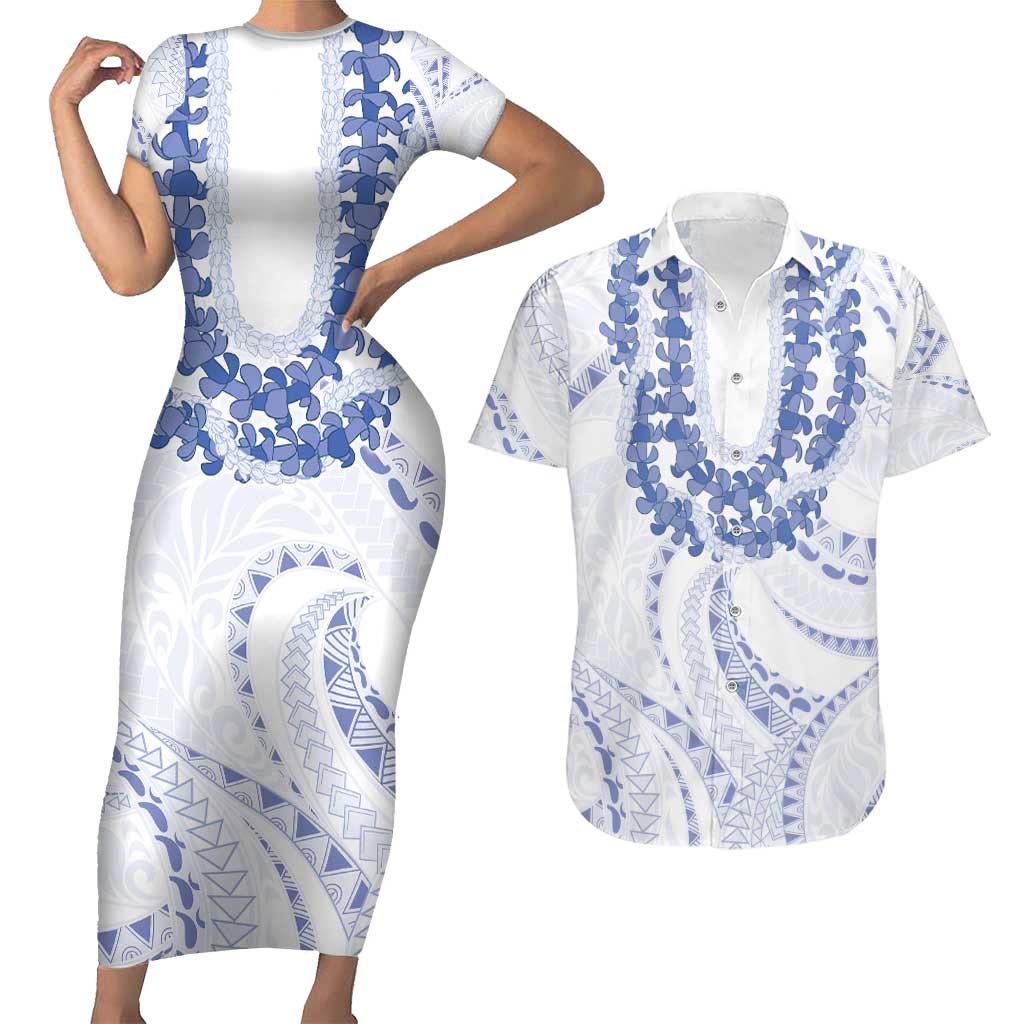 Aloha Lei Onaona Couples Matching Short Sleeve Bodycon Dress and Hawaiian Shirt Navy Blue Hawaiian Tribal Pattern