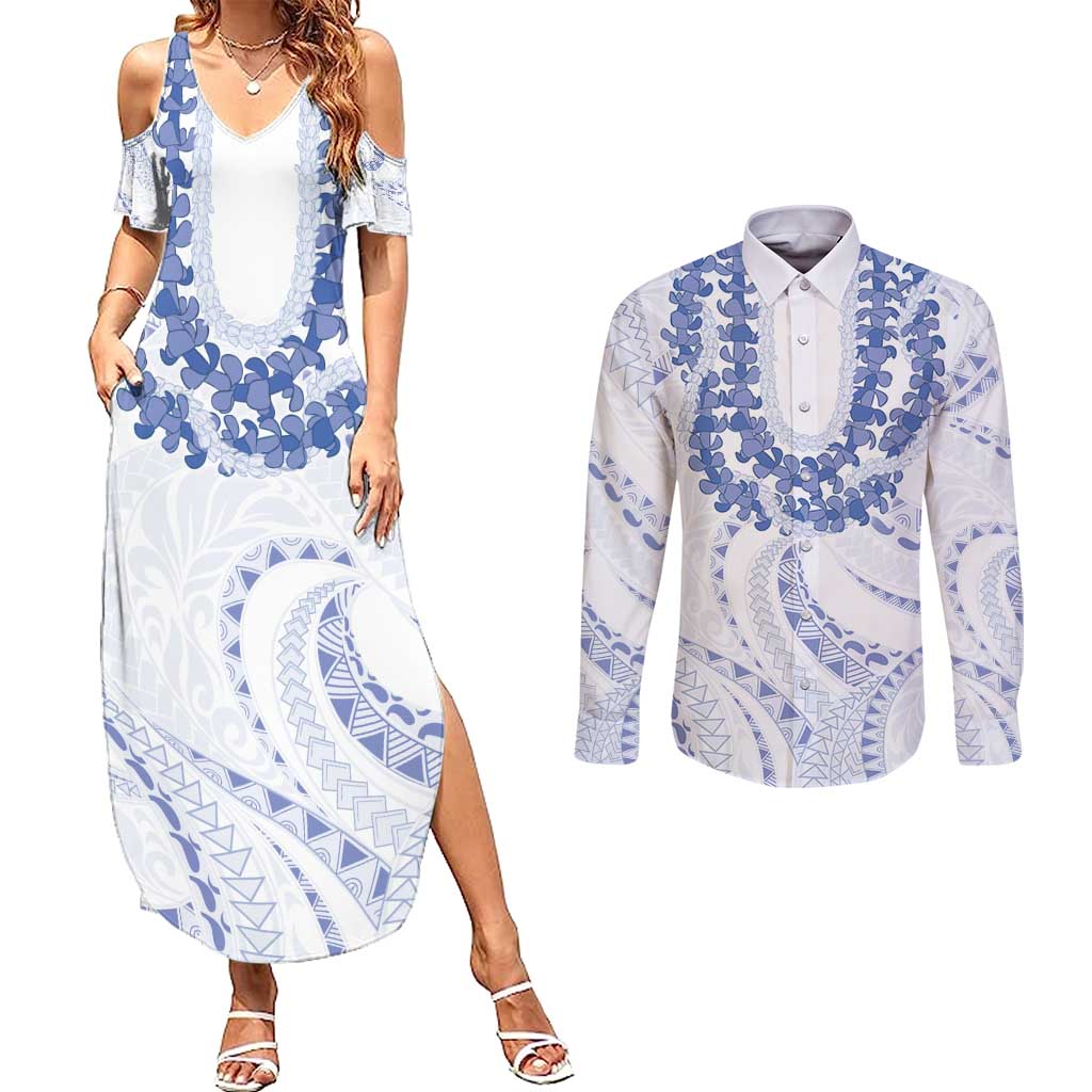 Aloha Lei Onaona Couples Matching Summer Maxi Dress and Long Sleeve Button Shirt Navy Blue Hawaiian Tribal Pattern