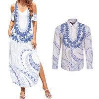 Aloha Lei Onaona Couples Matching Summer Maxi Dress and Long Sleeve Button Shirt Navy Blue Hawaiian Tribal Pattern