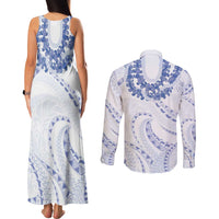 Aloha Lei Onaona Couples Matching Tank Maxi Dress and Long Sleeve Button Shirt Navy Blue Hawaiian Tribal Pattern