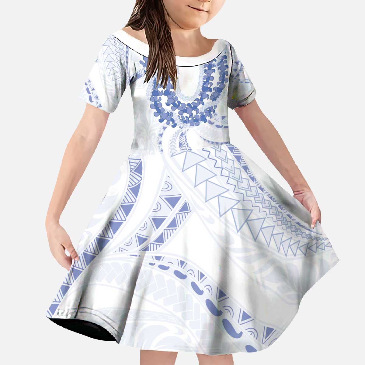 Aloha Lei Onaona Family Matching Off The Shoulder Long Sleeve Dress and Hawaiian Shirt Navy Blue Hawaiian Tribal Pattern