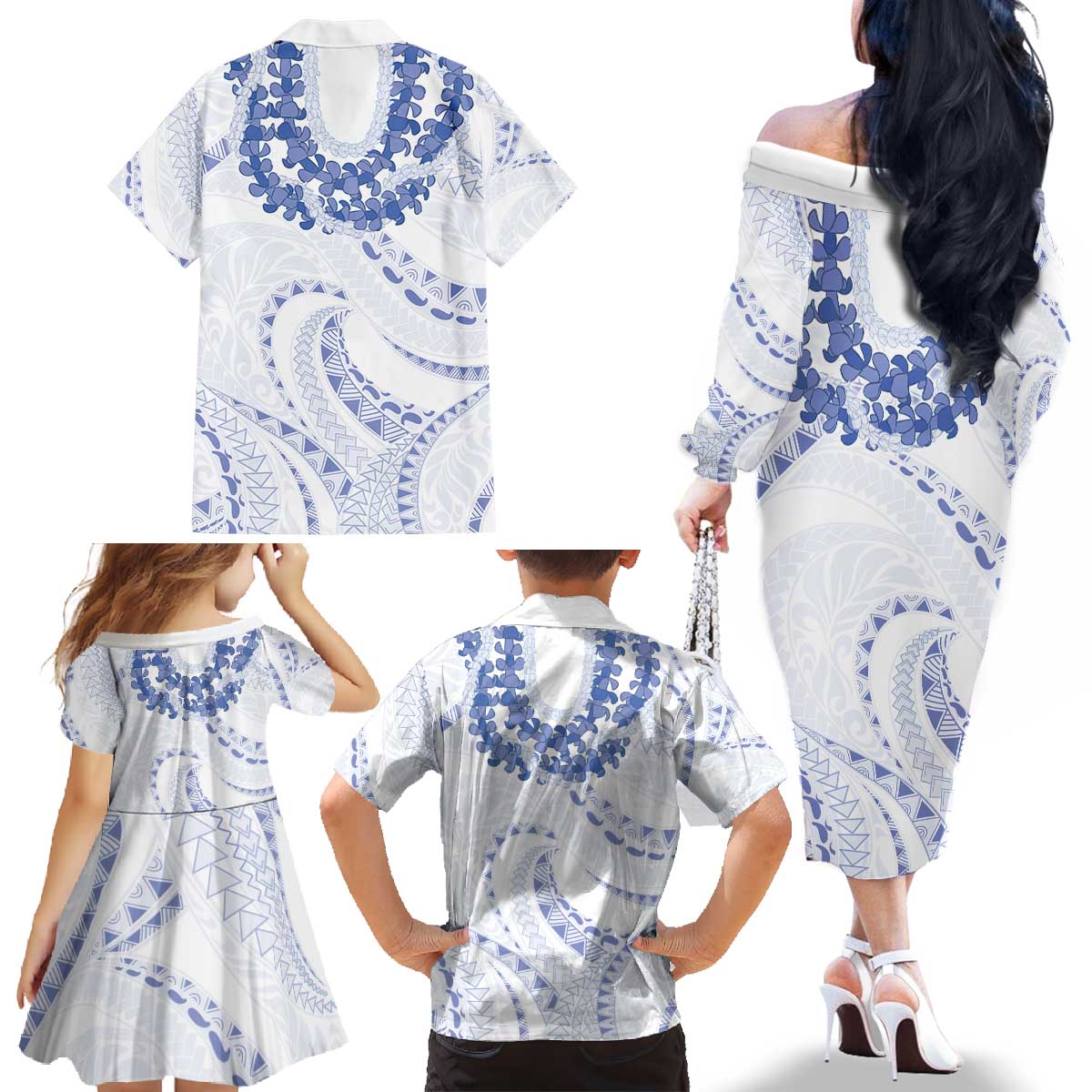 Aloha Lei Onaona Family Matching Off The Shoulder Long Sleeve Dress and Hawaiian Shirt Navy Blue Hawaiian Tribal Pattern