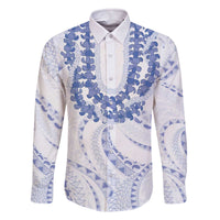 Aloha Lei Onaona Family Matching Off The Shoulder Long Sleeve Dress and Hawaiian Shirt Navy Blue Hawaiian Tribal Pattern