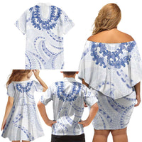 Aloha Lei Onaona Family Matching Off Shoulder Short Dress and Hawaiian Shirt Navy Blue Hawaiian Tribal Pattern