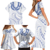 Aloha Lei Onaona Family Matching Short Sleeve Bodycon Dress and Hawaiian Shirt Navy Blue Hawaiian Tribal Pattern
