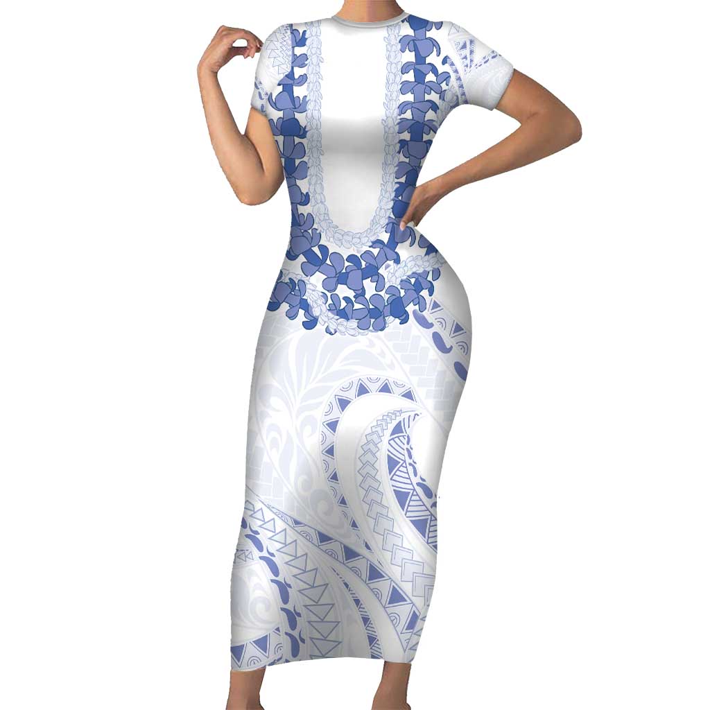 Aloha Lei Onaona Family Matching Short Sleeve Bodycon Dress and Hawaiian Shirt Navy Blue Hawaiian Tribal Pattern