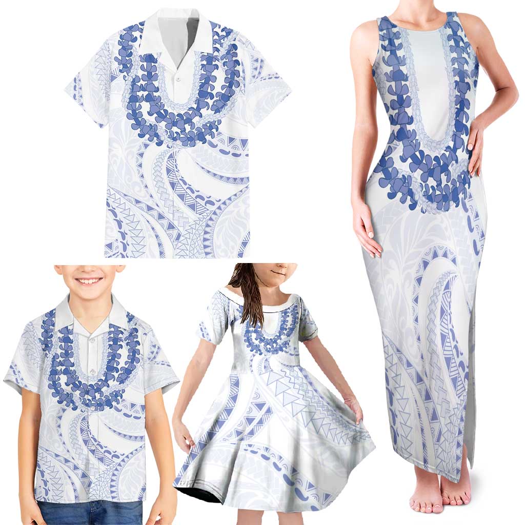 Aloha Lei Onaona Family Matching Tank Maxi Dress and Hawaiian Shirt Navy Blue Hawaiian Tribal Pattern