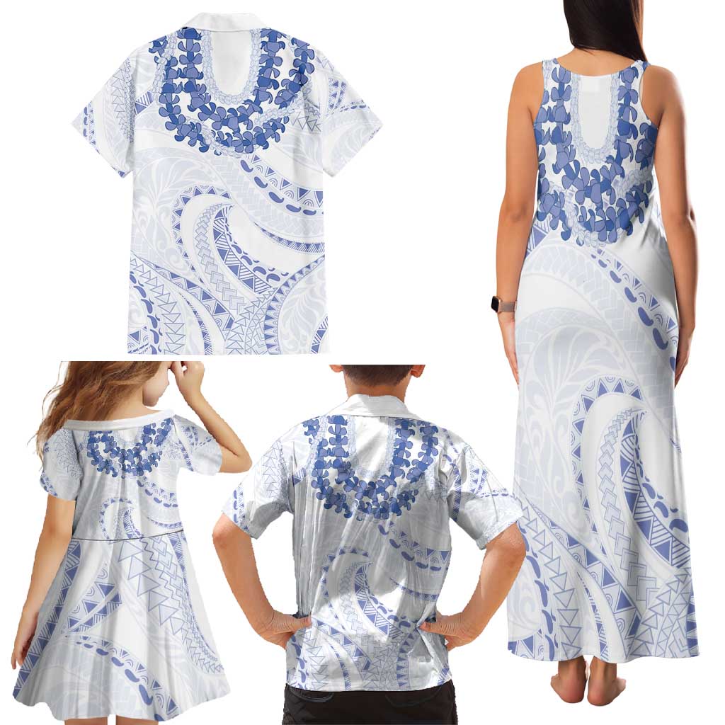 Aloha Lei Onaona Family Matching Tank Maxi Dress and Hawaiian Shirt Navy Blue Hawaiian Tribal Pattern