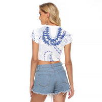 Aloha Lei Onaona Raglan Cropped T Shirt Navy Blue Hawaiian Tribal Pattern LT9 - Polynesian Pride