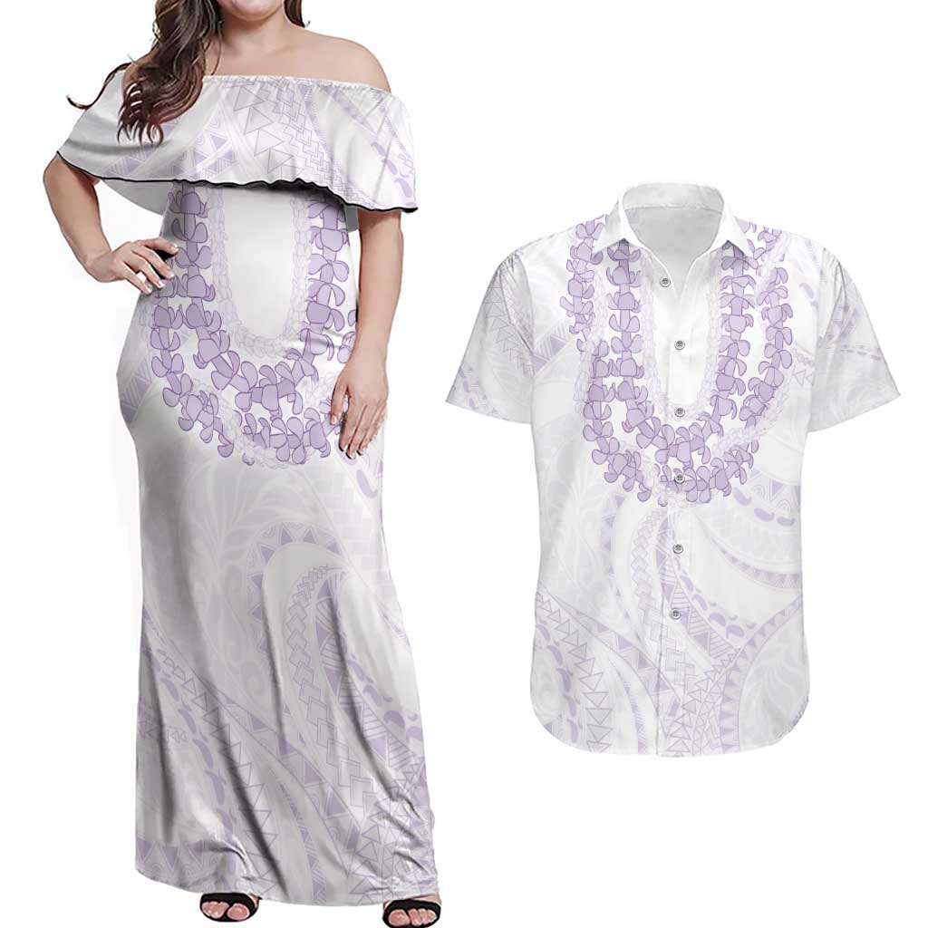 Aloha Lei Onaona Couples Matching Off Shoulder Maxi Dress and Hawaiian Shirt Purple Hawaiian Tribal Pattern