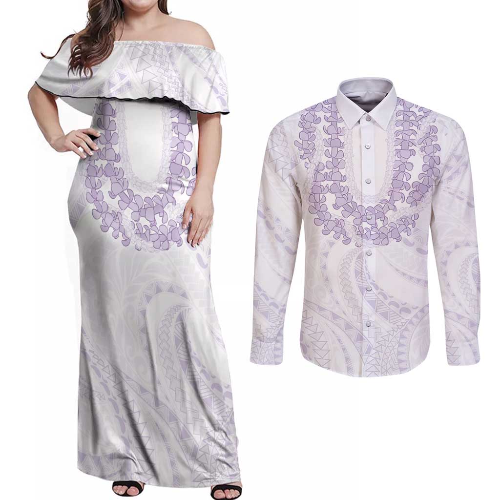 Aloha Lei Onaona Couples Matching Off Shoulder Maxi Dress and Long Sleeve Button Shirt Purple Hawaiian Tribal Pattern
