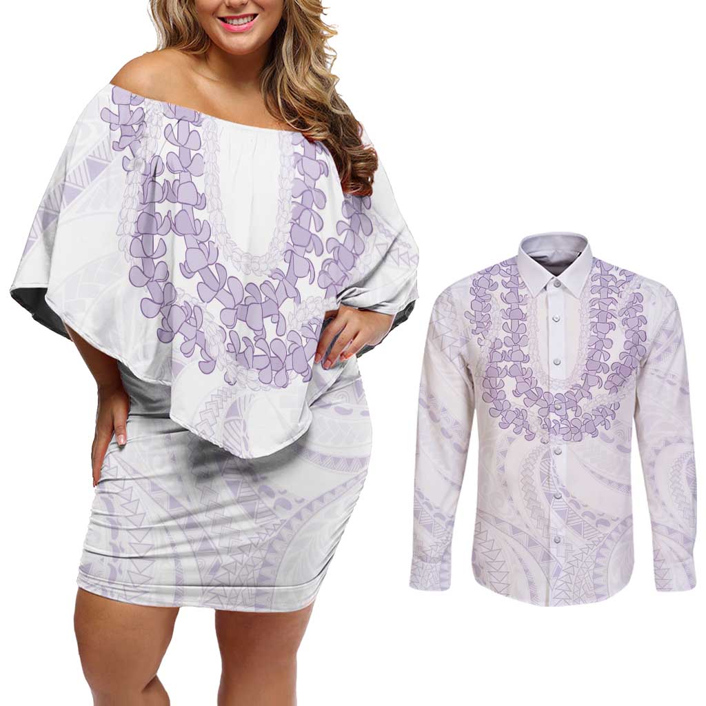 Aloha Lei Onaona Couples Matching Off Shoulder Short Dress and Long Sleeve Button Shirt Purple Hawaiian Tribal Pattern