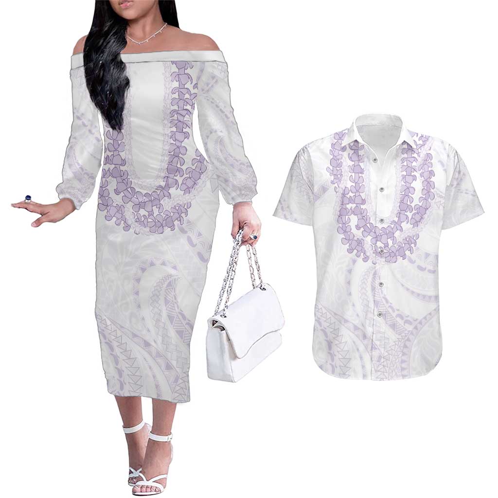Aloha Lei Onaona Couples Matching Off The Shoulder Long Sleeve Dress and Hawaiian Shirt Purple Hawaiian Tribal Pattern