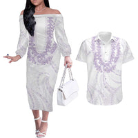 Aloha Lei Onaona Couples Matching Off The Shoulder Long Sleeve Dress and Hawaiian Shirt Purple Hawaiian Tribal Pattern