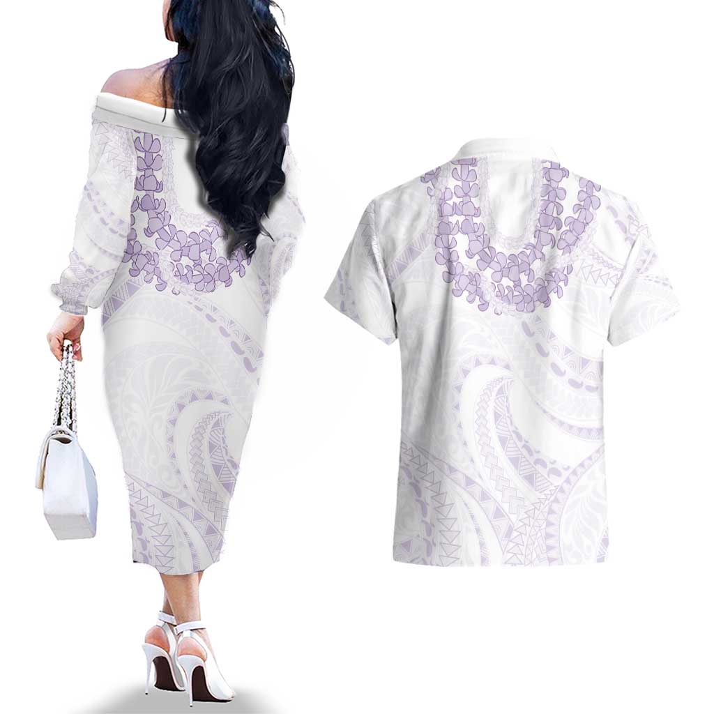 Aloha Lei Onaona Couples Matching Off The Shoulder Long Sleeve Dress and Hawaiian Shirt Purple Hawaiian Tribal Pattern