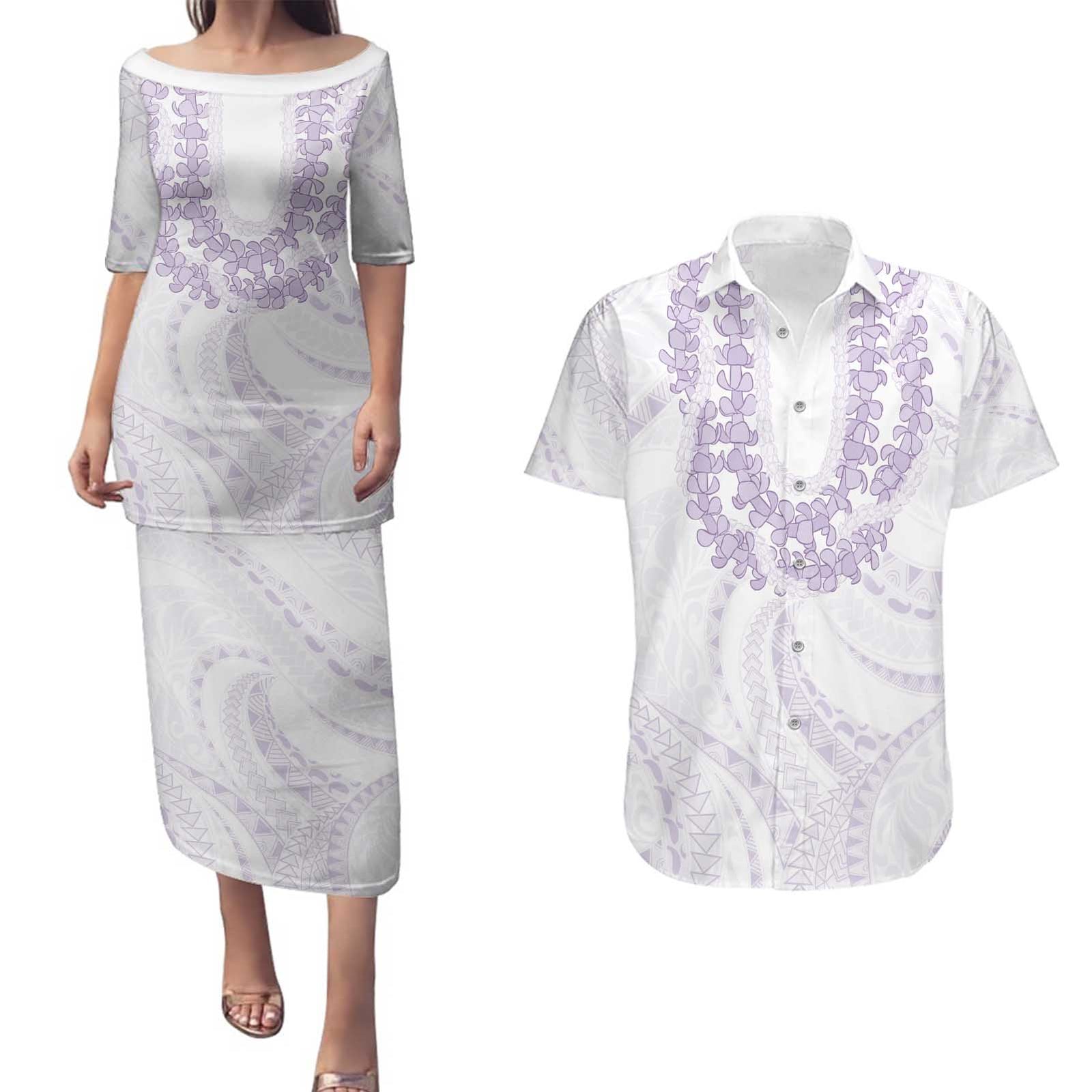 Aloha Lei Onaona Couples Matching Puletasi and Hawaiian Shirt Purple Hawaiian Tribal Pattern