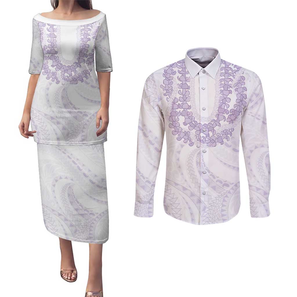 Aloha Lei Onaona Couples Matching Puletasi and Long Sleeve Button Shirt Purple Hawaiian Tribal Pattern