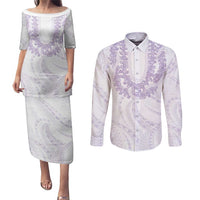 Aloha Lei Onaona Couples Matching Puletasi and Long Sleeve Button Shirt Purple Hawaiian Tribal Pattern