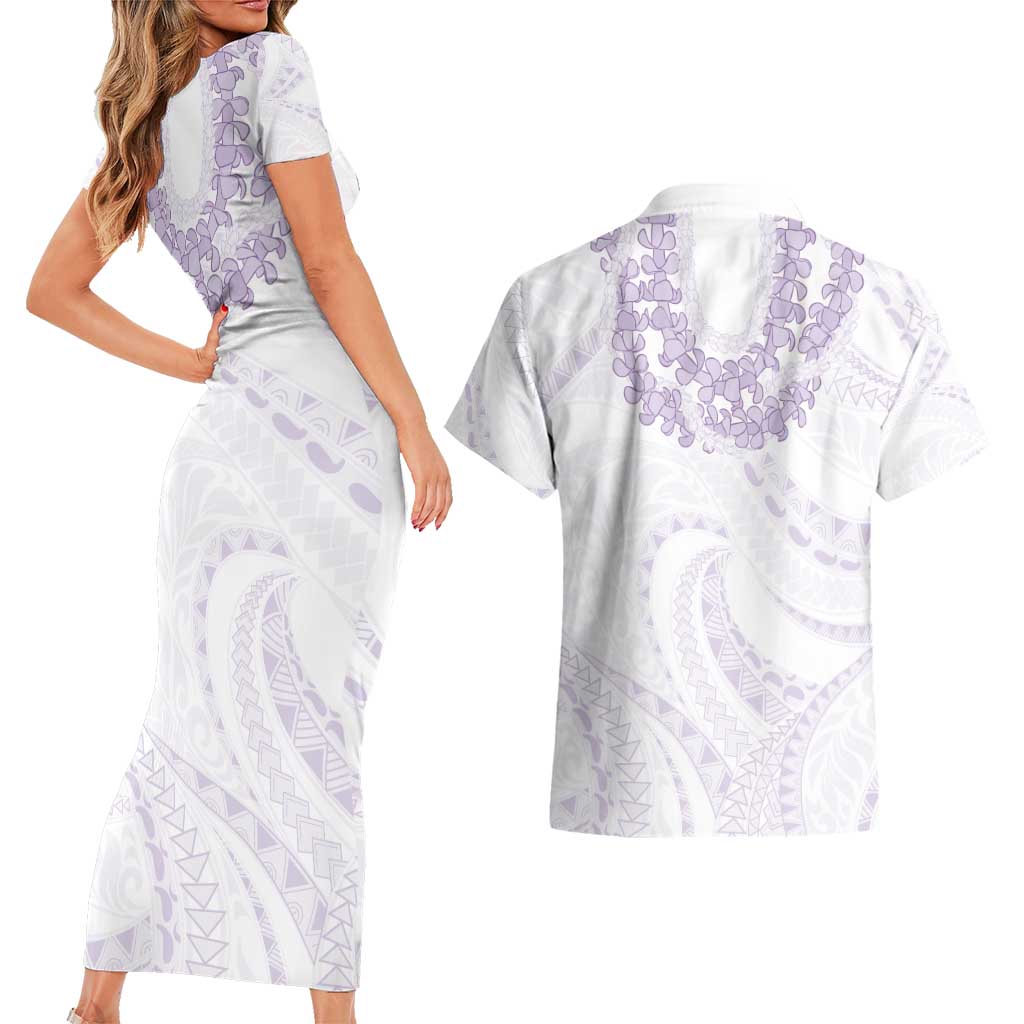 Aloha Lei Onaona Couples Matching Short Sleeve Bodycon Dress and Hawaiian Shirt Purple Hawaiian Tribal Pattern
