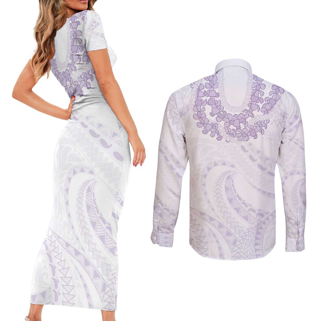 Aloha Lei Onaona Couples Matching Short Sleeve Bodycon Dress and Long Sleeve Button Shirt Purple Hawaiian Tribal Pattern