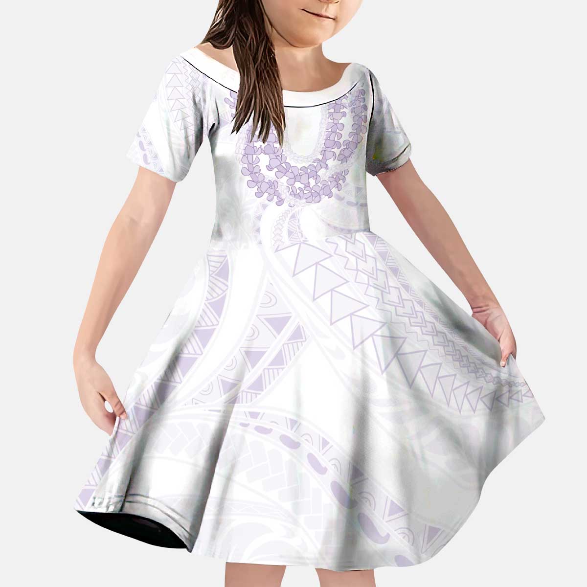 Aloha Lei Onaona Kid Short Sleeve Dress Purple Hawaiian Tribal Pattern