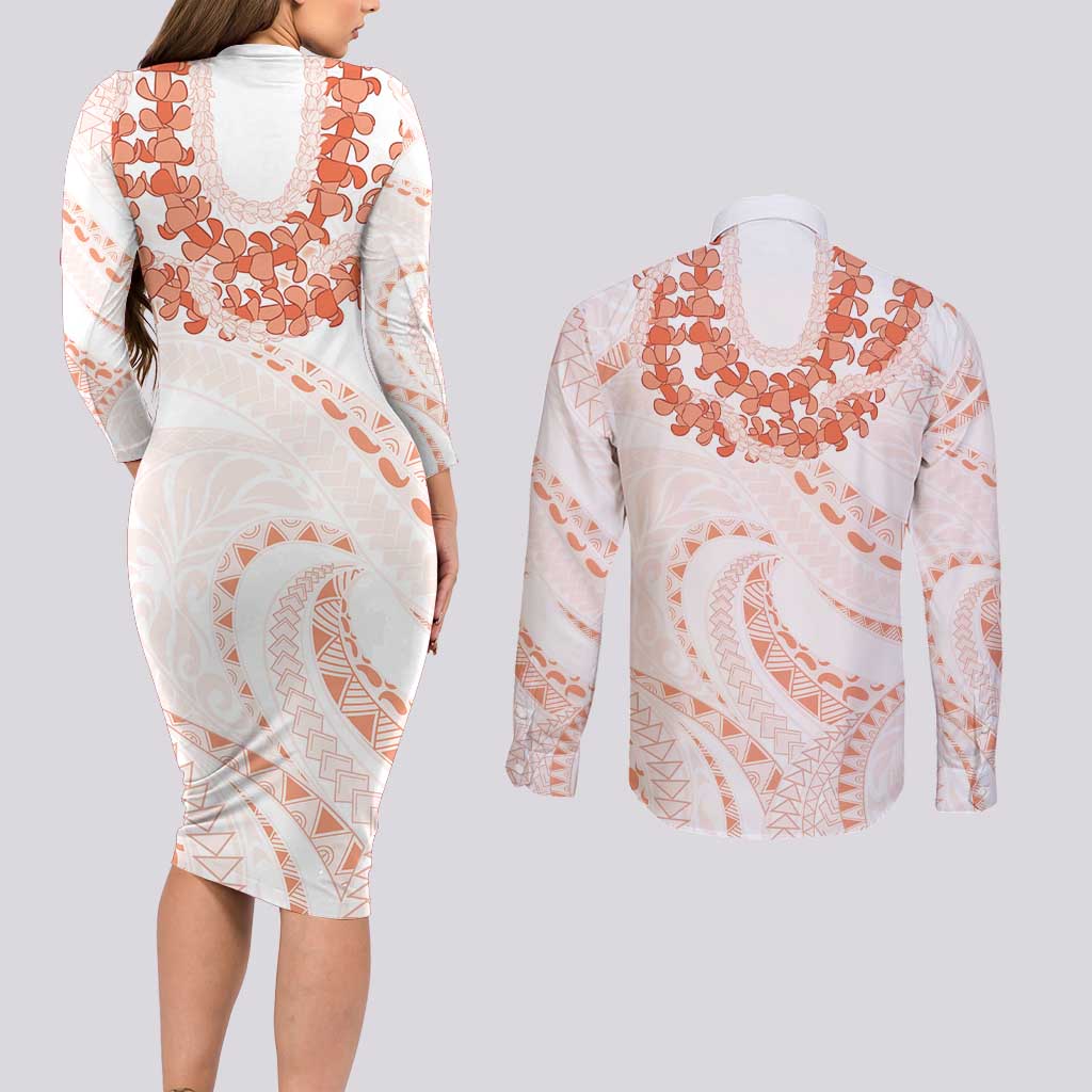 Aloha Lei Onaona Couples Matching Long Sleeve Bodycon Dress and Long Sleeve Button Shirt Red Hawaiian Tribal Pattern