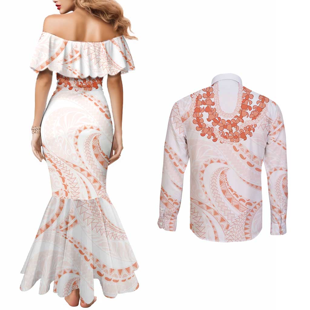 Aloha Lei Onaona Couples Matching Mermaid Dress and Long Sleeve Button Shirt Red Hawaiian Tribal Pattern