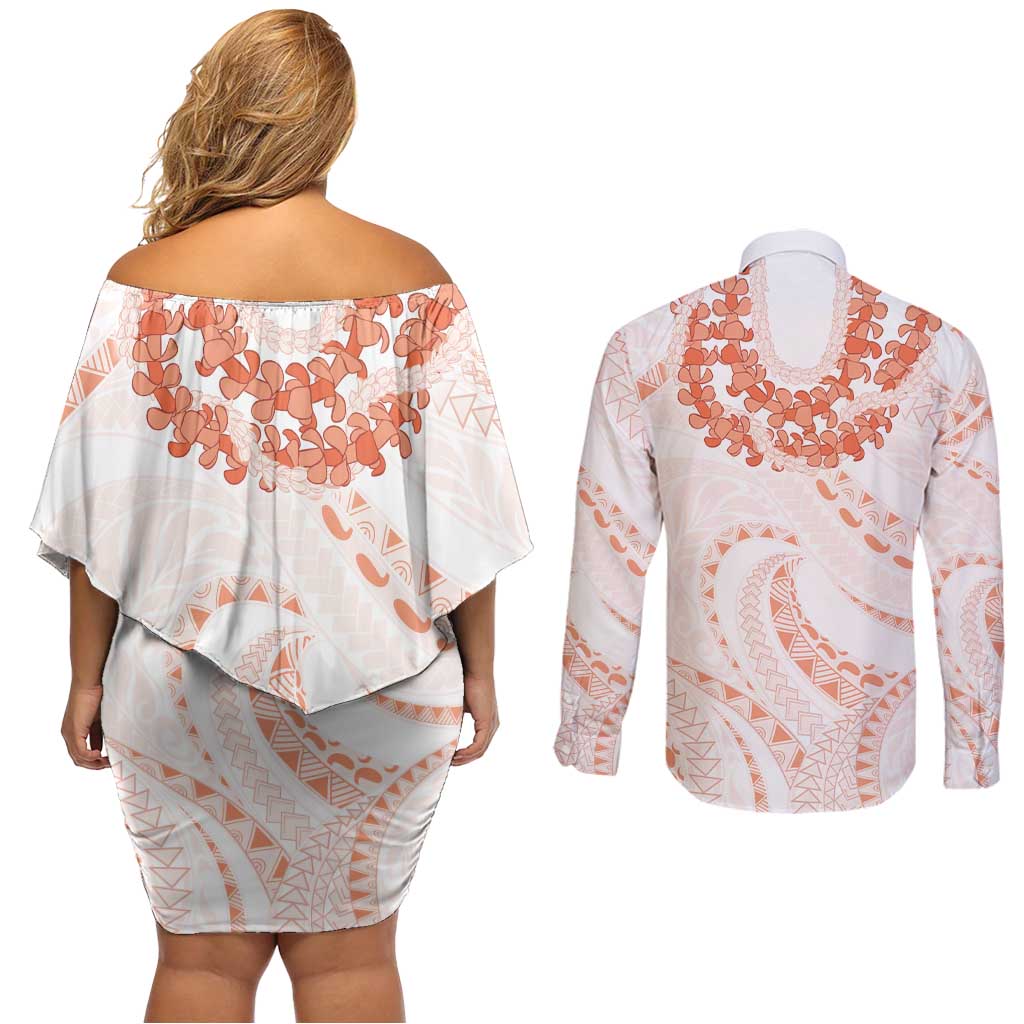 Aloha Lei Onaona Couples Matching Off Shoulder Short Dress and Long Sleeve Button Shirt Red Hawaiian Tribal Pattern