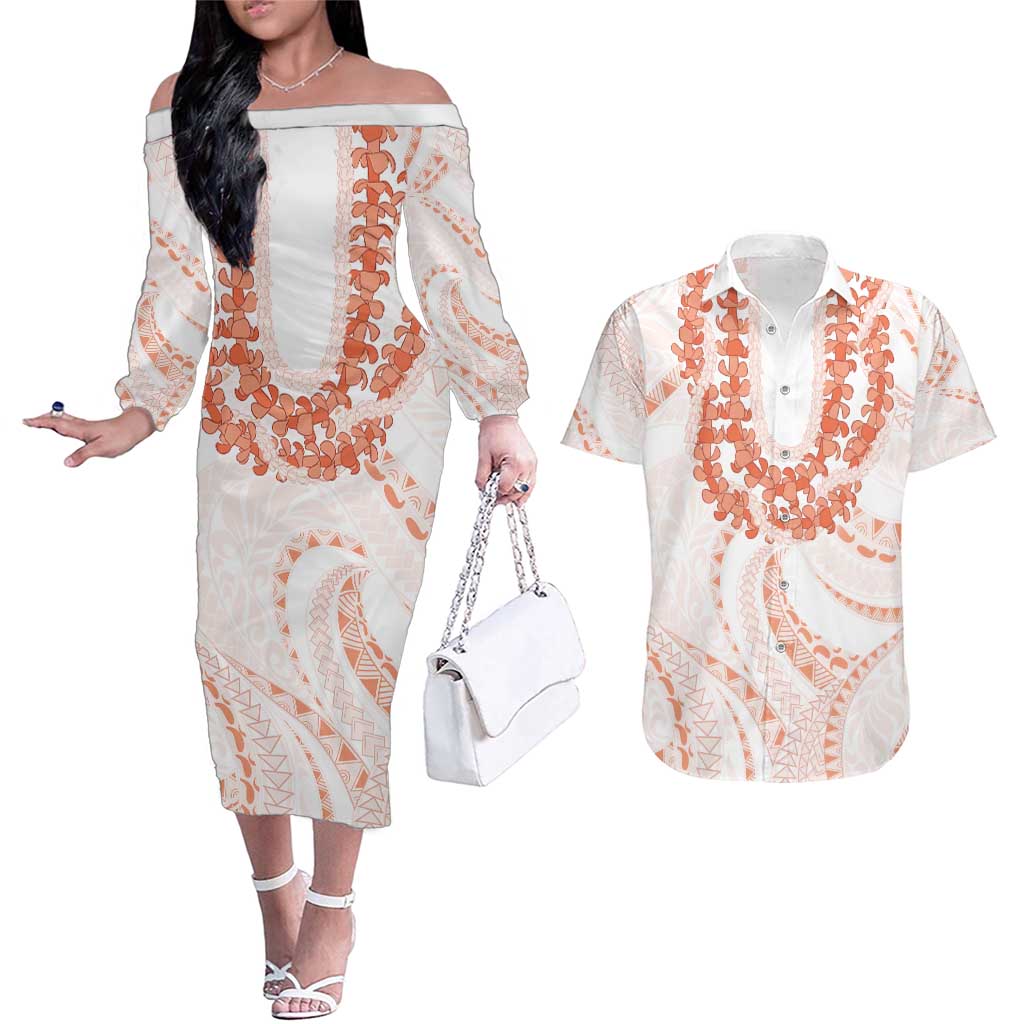 Aloha Lei Onaona Couples Matching Off The Shoulder Long Sleeve Dress and Hawaiian Shirt Red Hawaiian Tribal Pattern