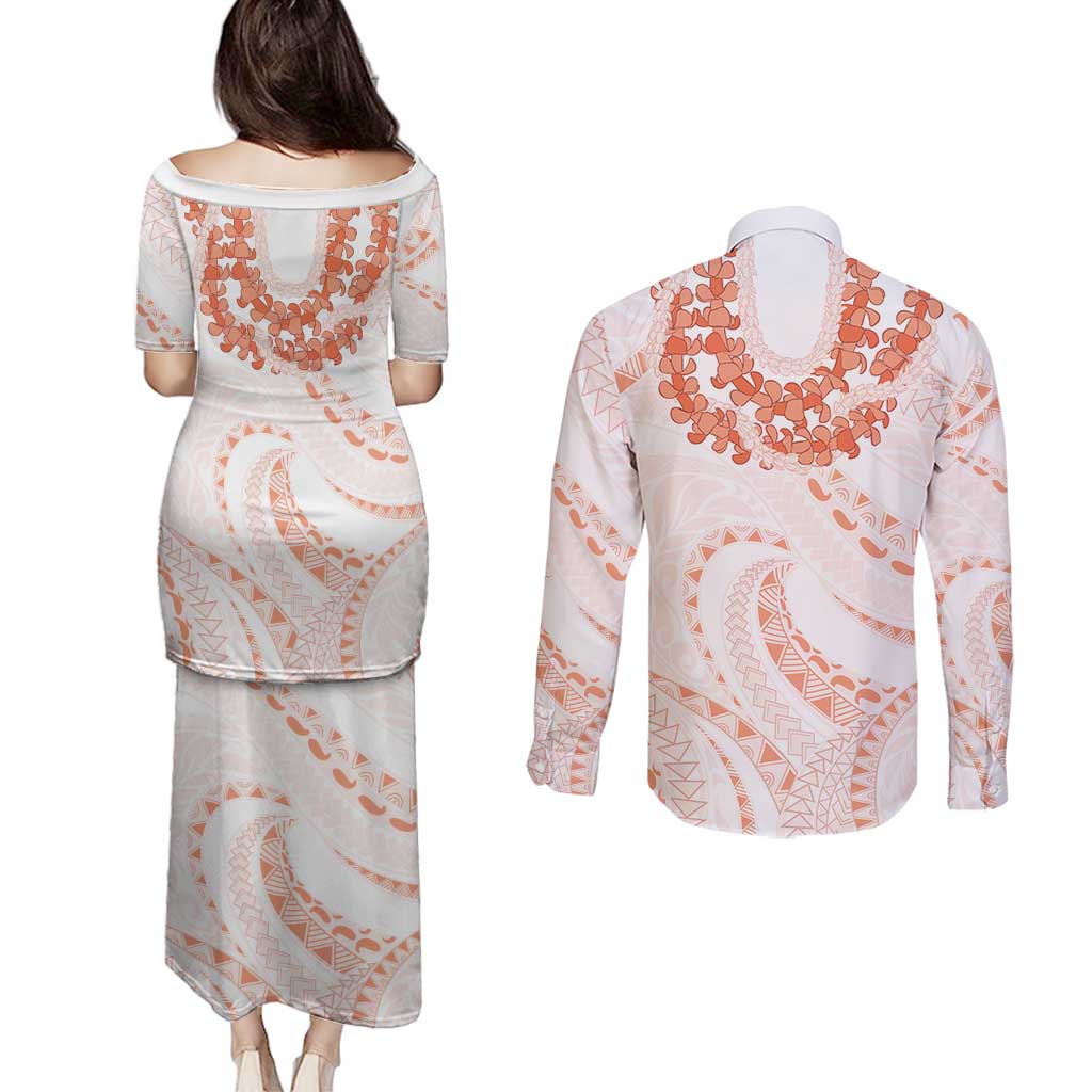 Aloha Lei Onaona Couples Matching Puletasi and Long Sleeve Button Shirt Red Hawaiian Tribal Pattern