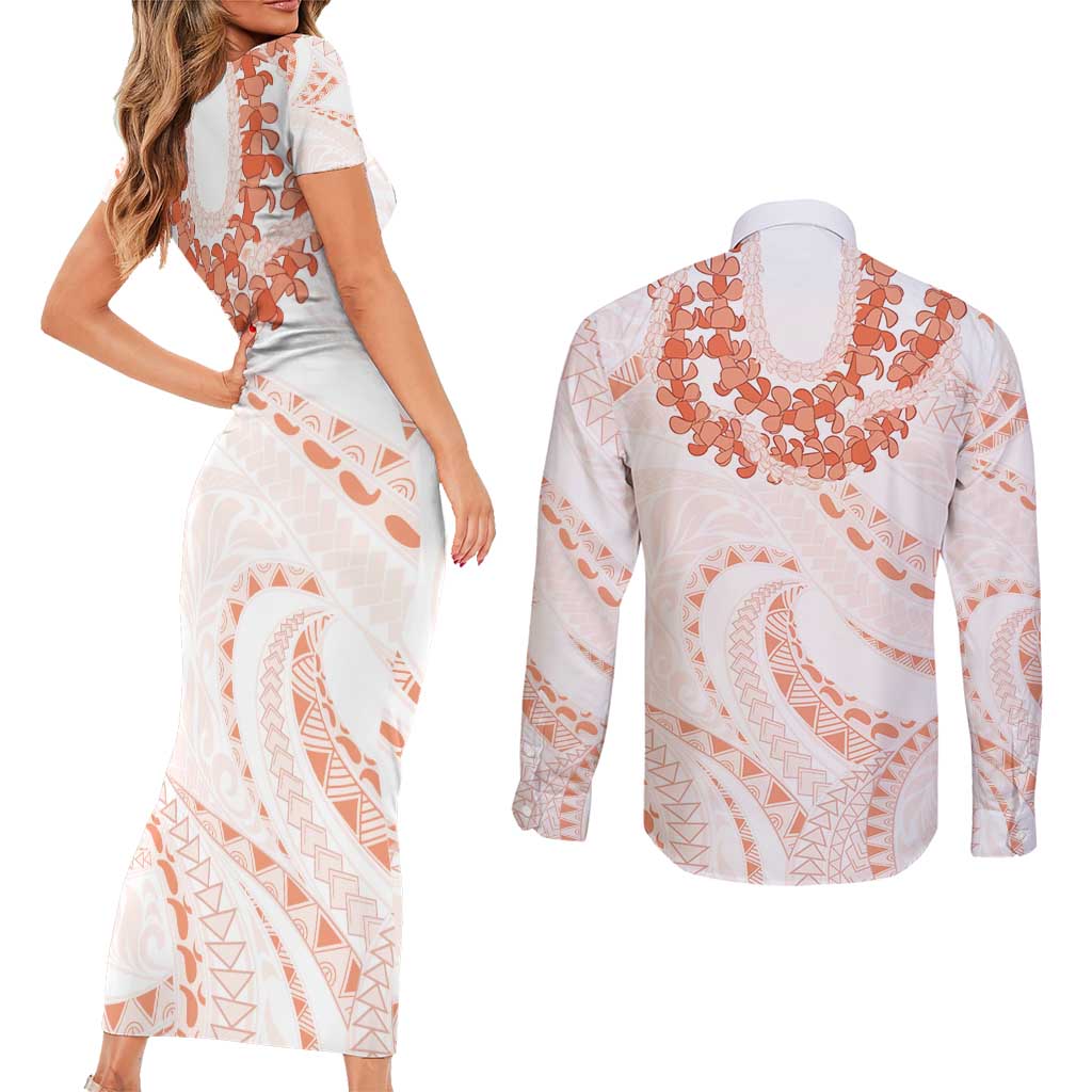 Aloha Lei Onaona Couples Matching Short Sleeve Bodycon Dress and Long Sleeve Button Shirt Red Hawaiian Tribal Pattern