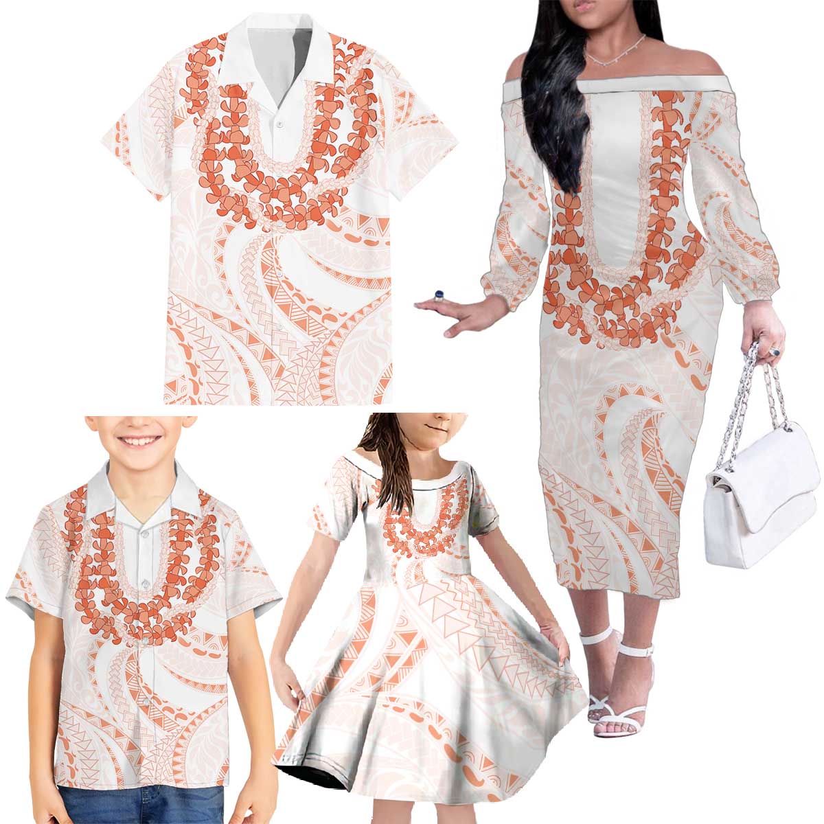 Aloha Lei Onaona Family Matching Off The Shoulder Long Sleeve Dress and Hawaiian Shirt Red Hawaiian Tribal Pattern