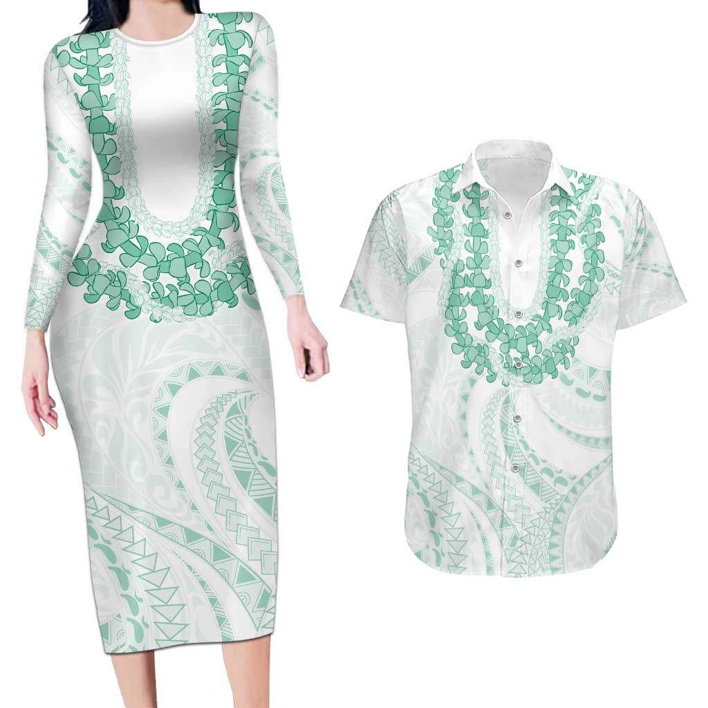 Aloha Lei Onaona Couples Matching Long Sleeve Bodycon Dress and Hawaiian Shirt Sage Green Hawaiian Tribal Pattern