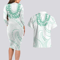 Aloha Lei Onaona Couples Matching Long Sleeve Bodycon Dress and Hawaiian Shirt Sage Green Hawaiian Tribal Pattern