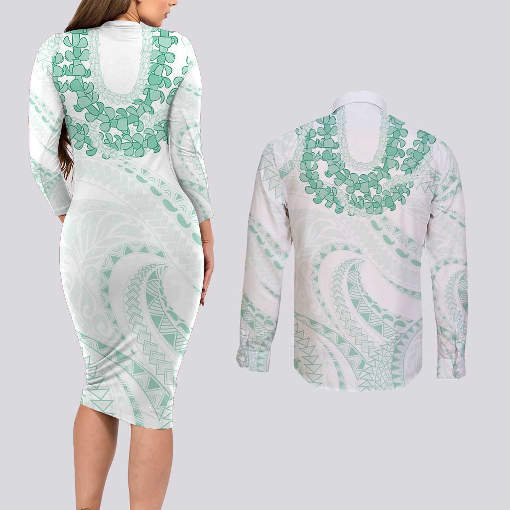 Aloha Lei Onaona Couples Matching Long Sleeve Bodycon Dress and Long Sleeve Button Shirt Sage Green Hawaiian Tribal Pattern