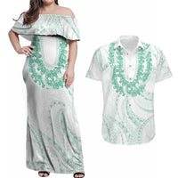 Aloha Lei Onaona Couples Matching Off Shoulder Maxi Dress and Hawaiian Shirt Sage Green Hawaiian Tribal Pattern
